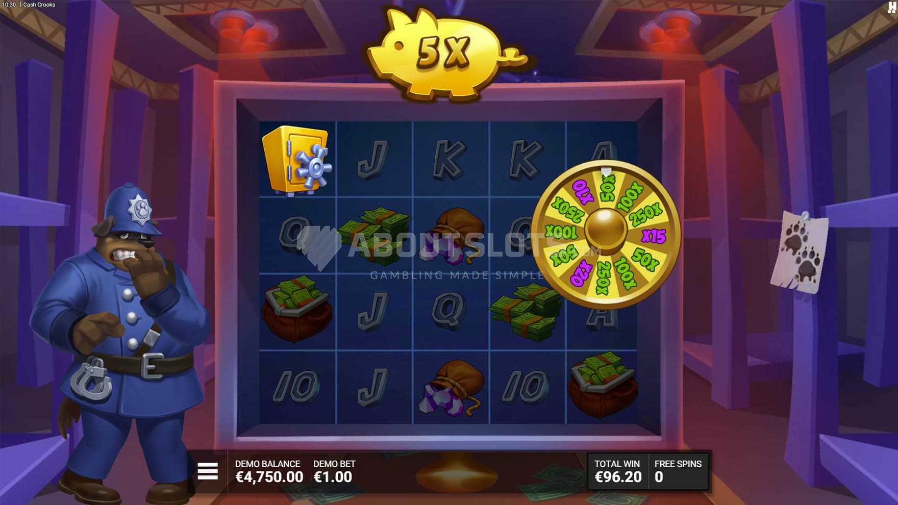Screenshot of a Bonus Game in progress, with a Vault Dial with high multipliers triggered on reel 5.