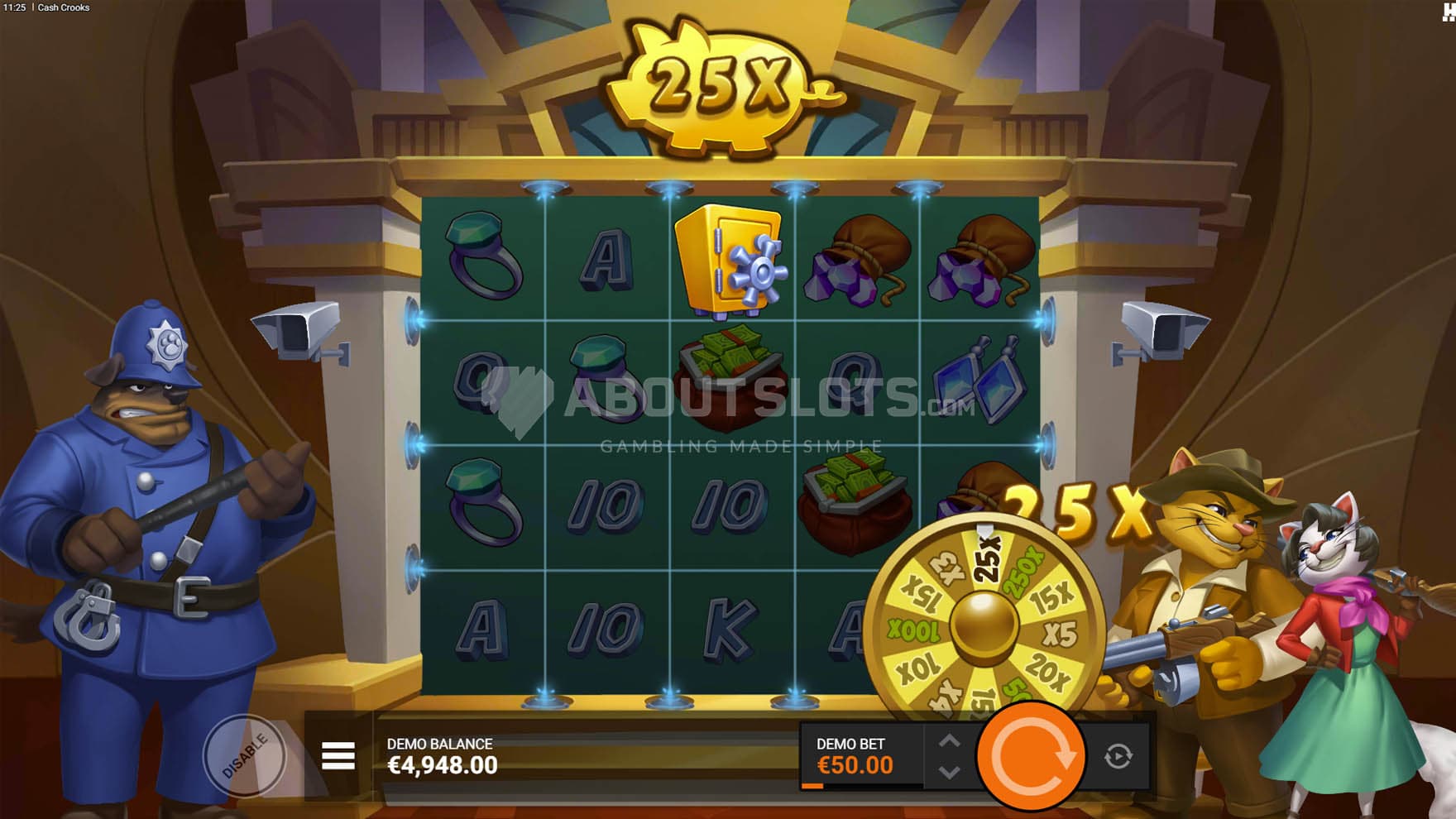 Screenshot of the Vault Dials feature triggered in the base game on reels 3 and 5.