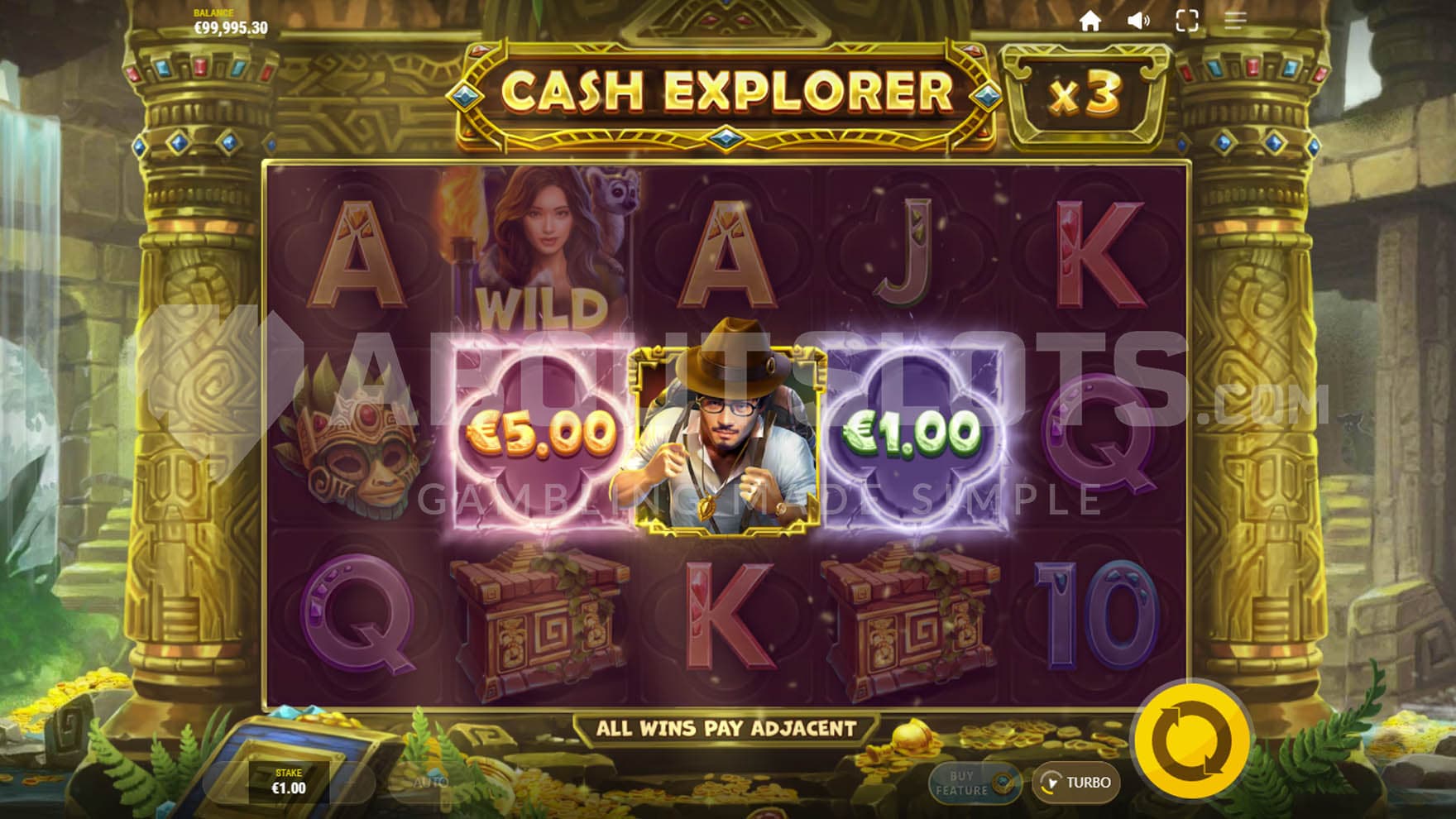 Discoverer feature triggered in the base game, collecting two instant prizes of 1x and 5x the bet.