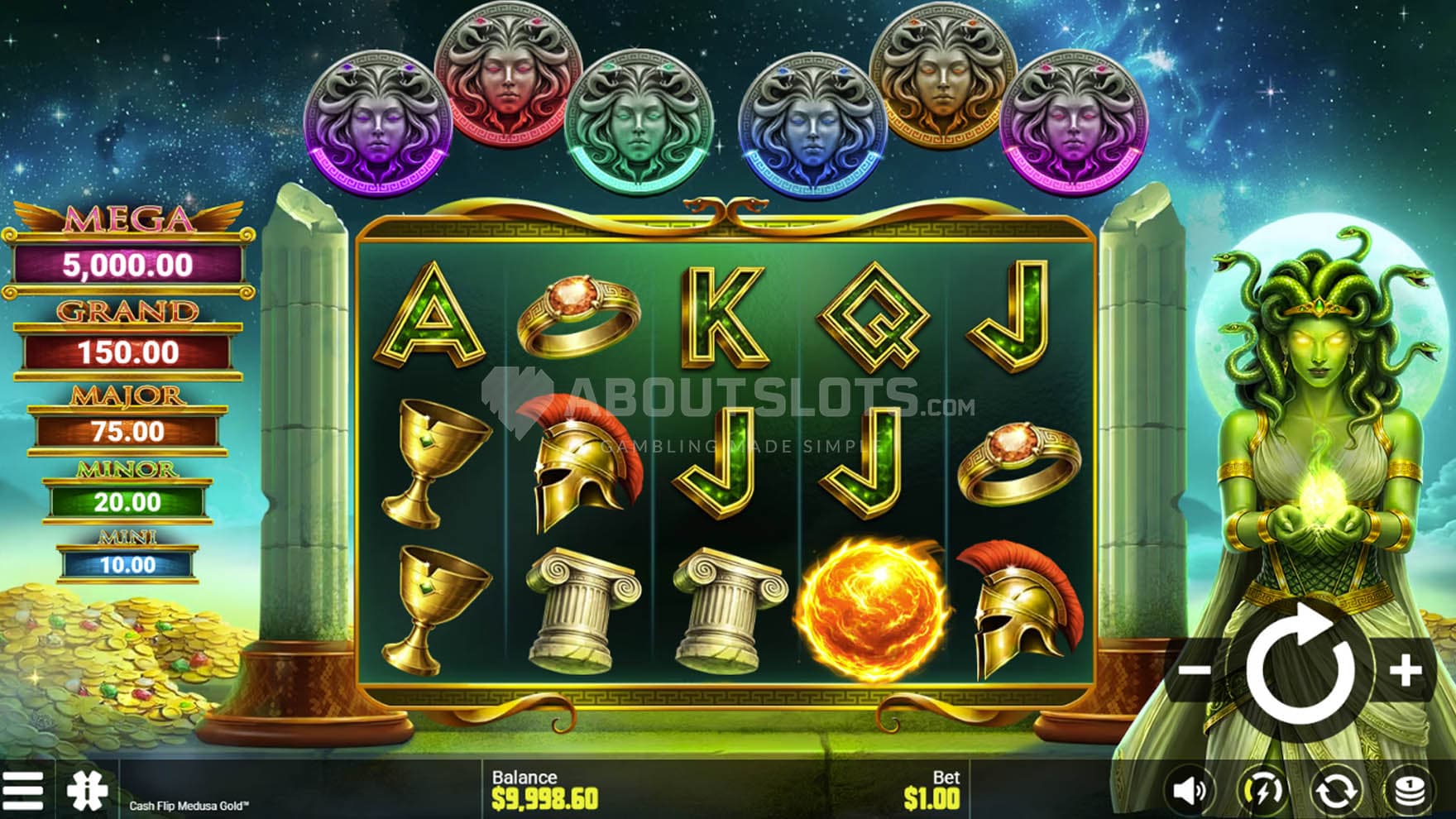 Screenshot of the base game, showing a 5x3 grid on a backdrop of a night sky, with Medusa standing on the right.
