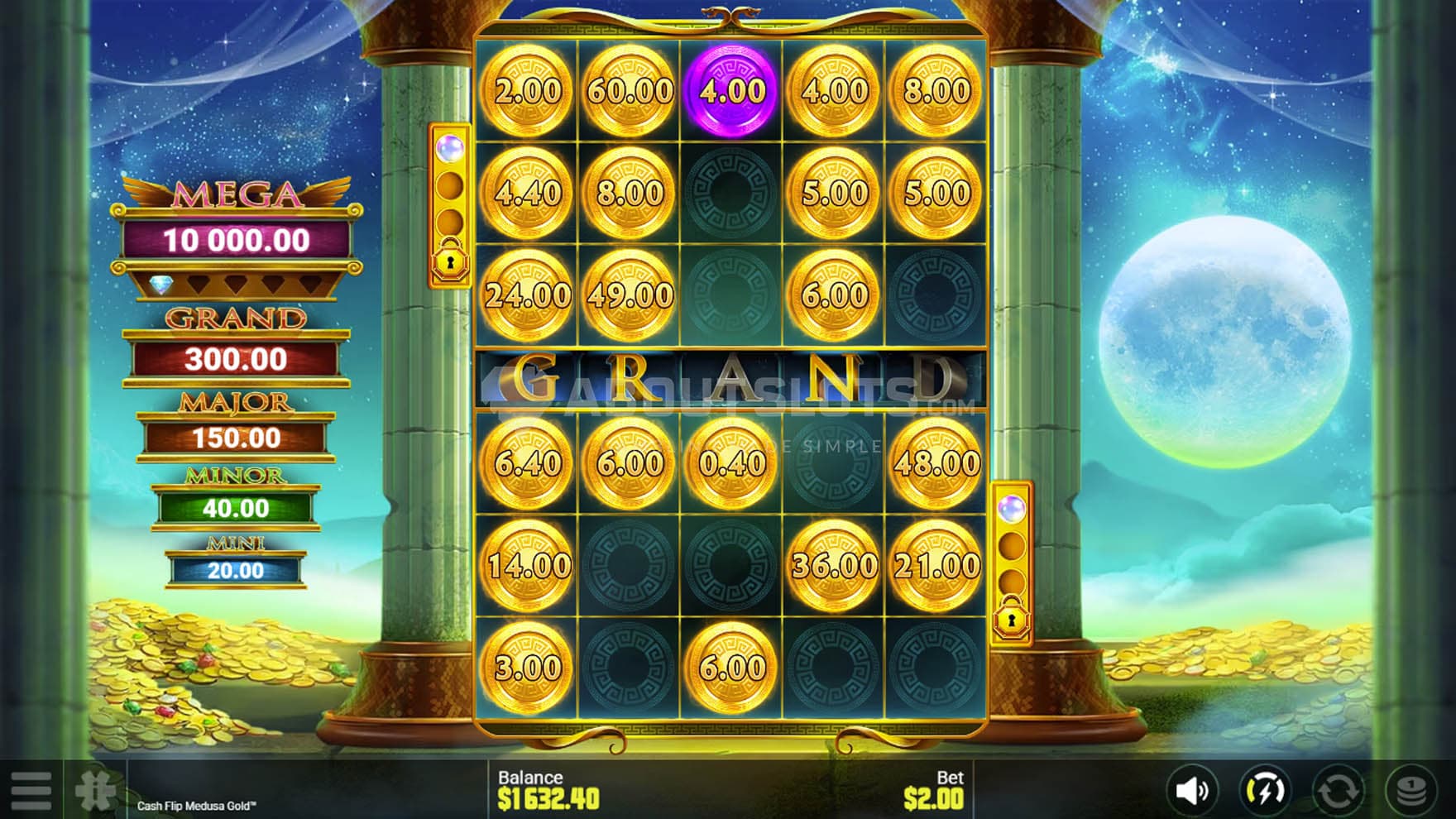 Screenshot of the bonus game, showing two grids lined with cash symbols.