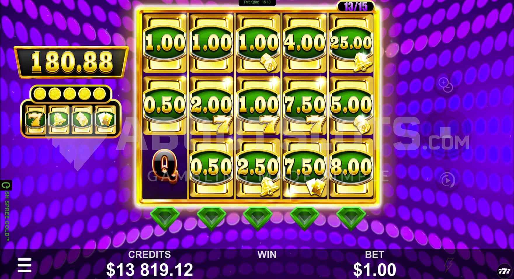 Free Spins bonus in progress, showing multiple high paying symbols converted into Cash Spree symbols landing on the reels.