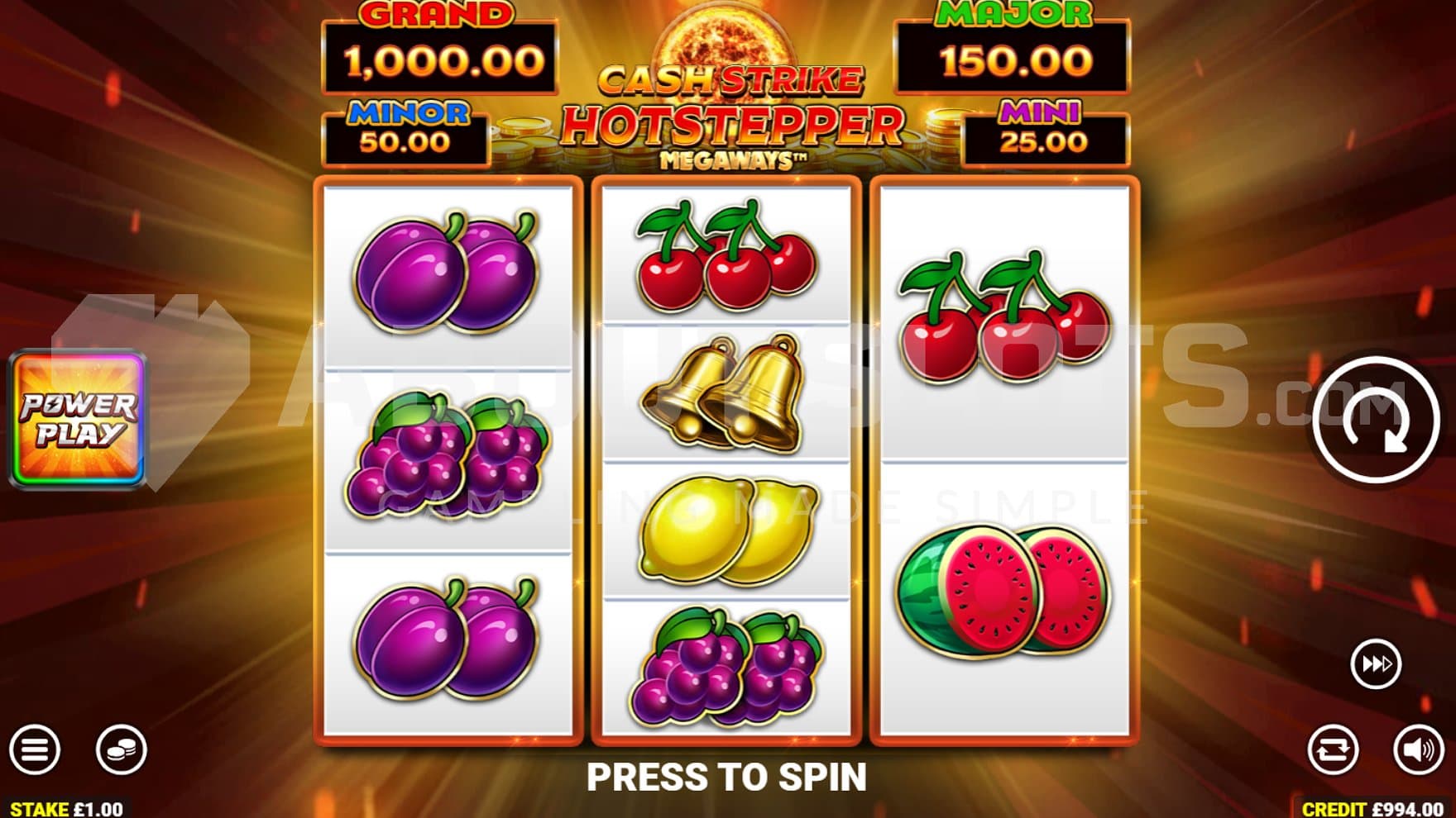 A casino slot with three reels.