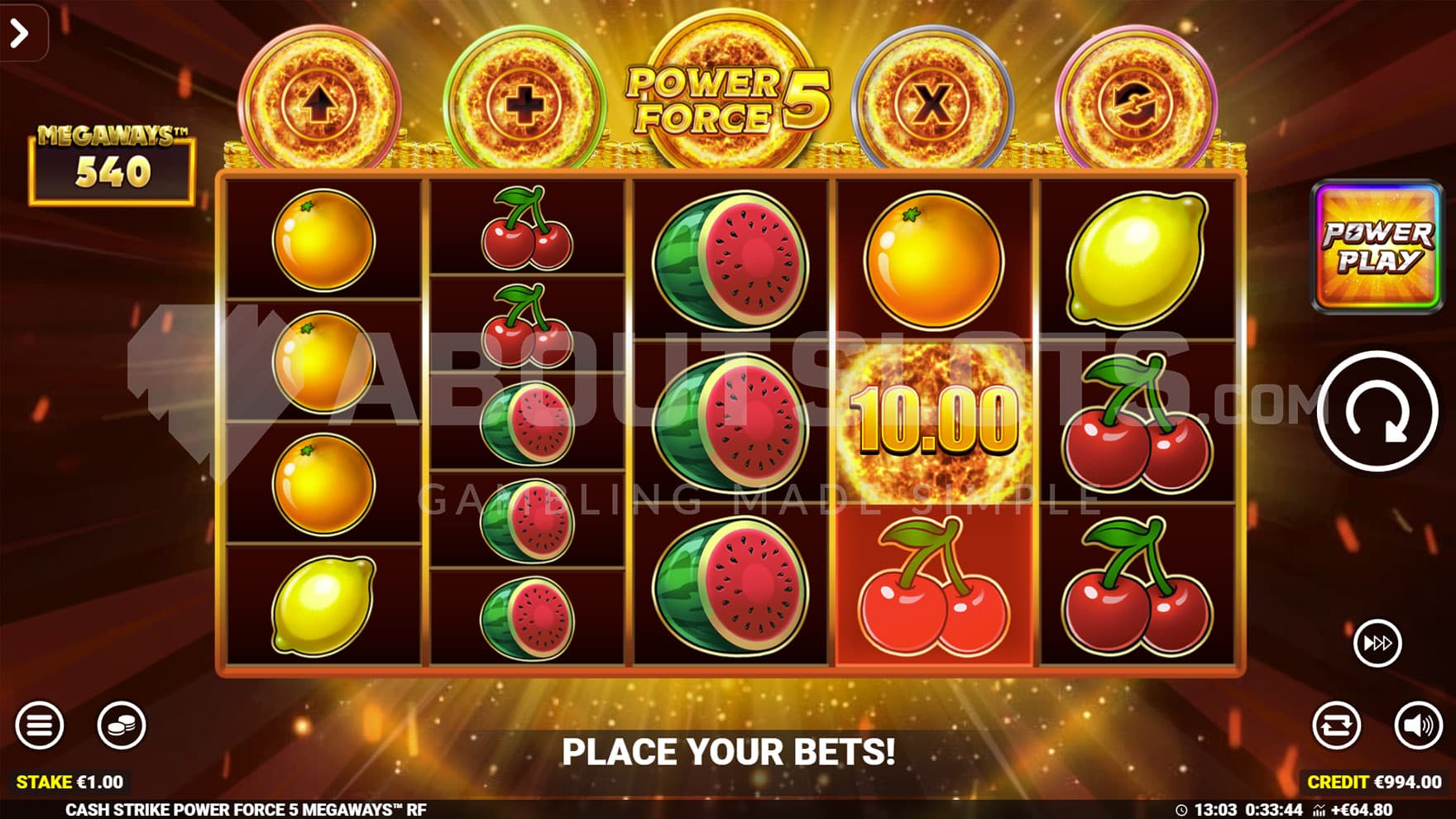 Base Game view of a 5-reel grid populated with classic casino symbols.