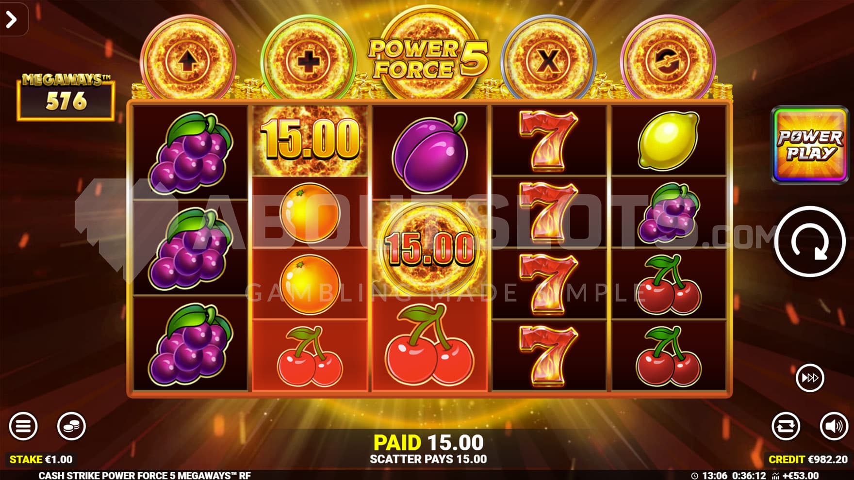 Cash Collect feature triggered by a Collect symbol on the middle reel and a cash symbol on reel 2.