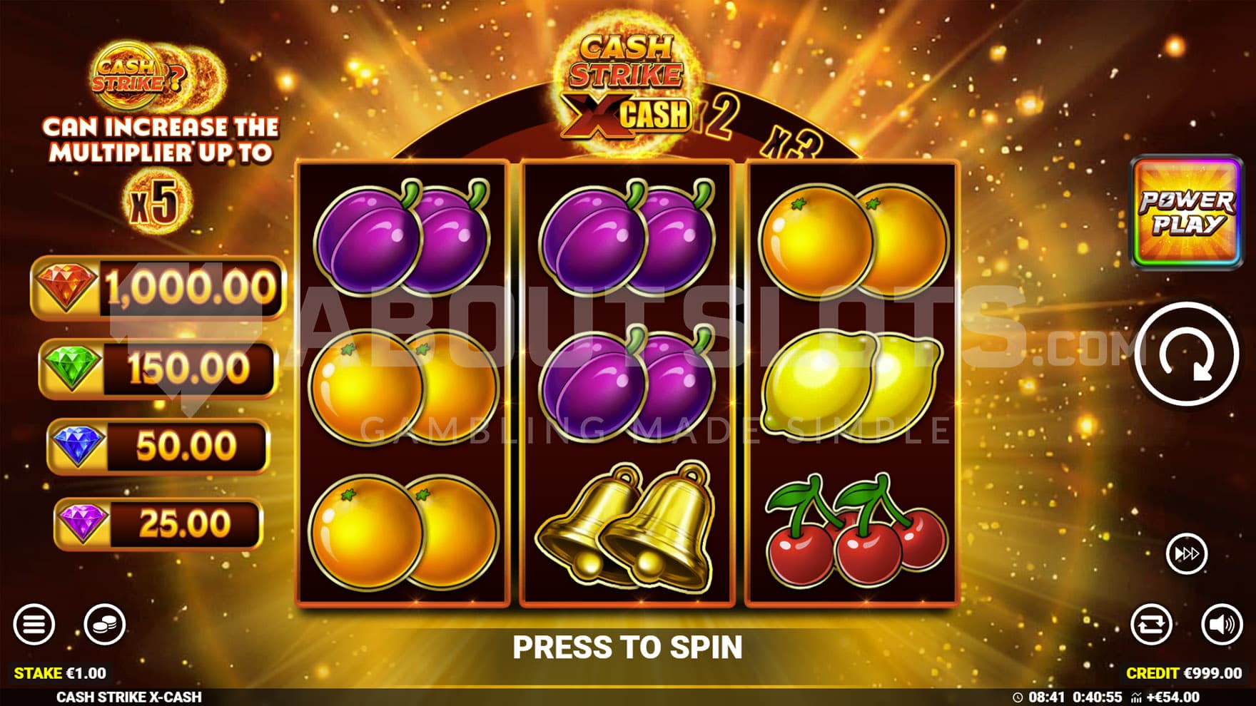 Base Game view of a 3x3 grid on a backdrop of a yellow light explosion.