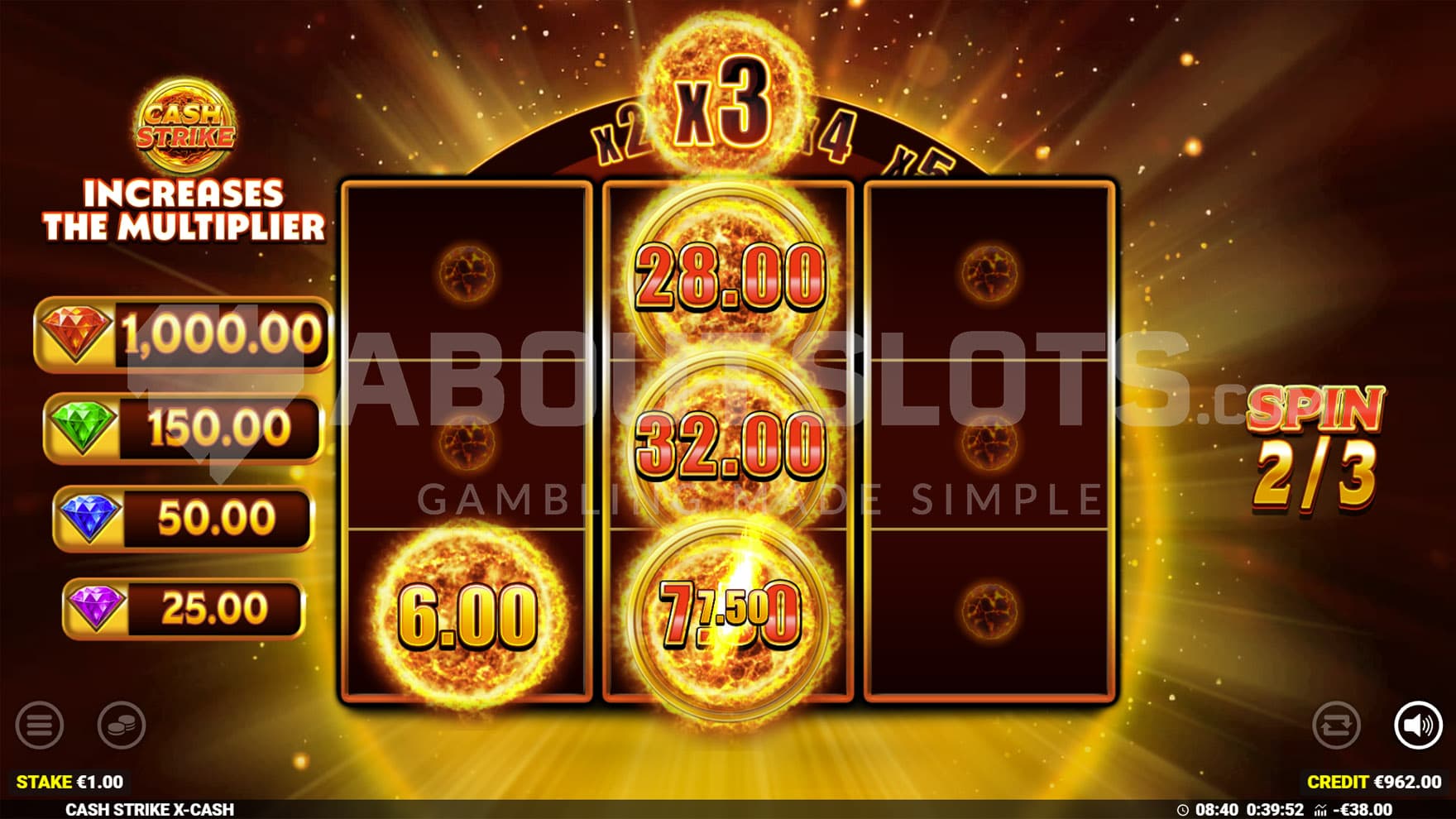 Cash Strike bonus game in progress, showing three Collect symbols on the middle reel and a Collect Multiplier increased to x3.
