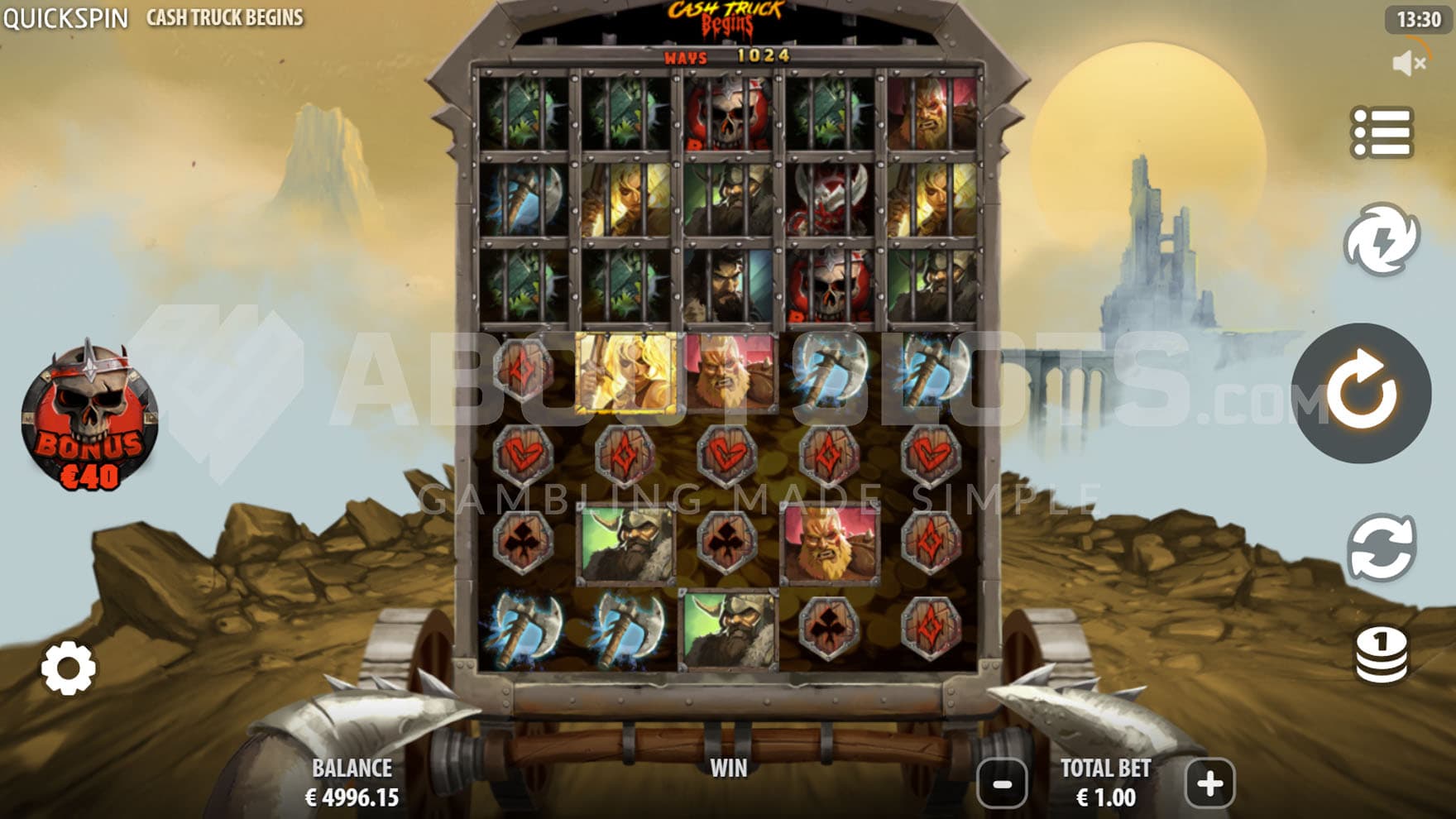 Base Game view of a 5x7 grid on a backdrop of a narrow road going through a rocky wasteland.