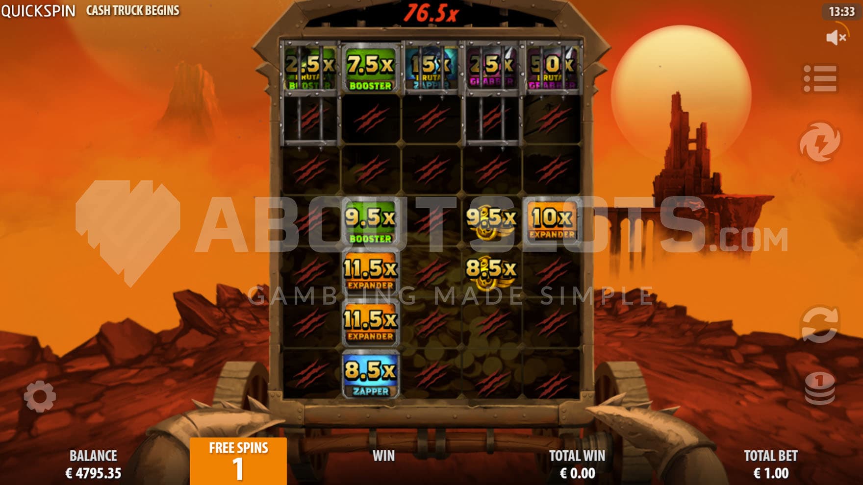 Bonus Game in progress, showing multiple cash and special symbols sticky on the grid.