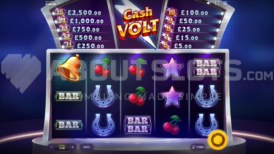 A 5-reel casino slot on a stage.