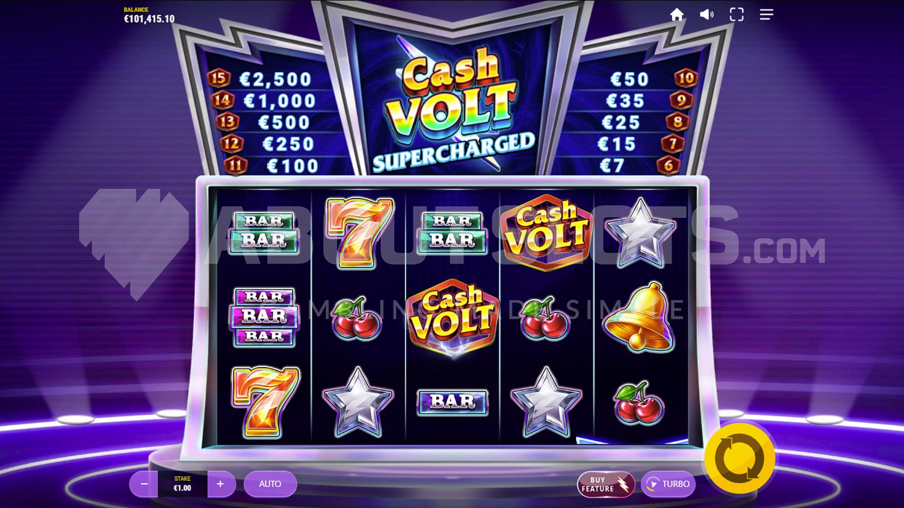 Base Game view of a 5x3 grid on a purple neon backdrop.