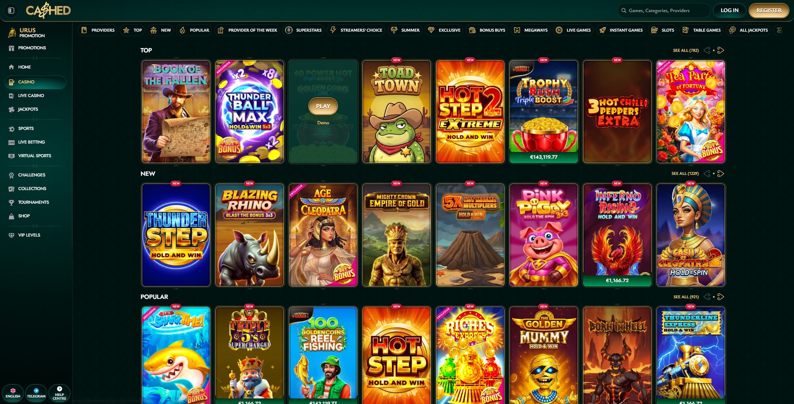 Cashed Games Page showing a selection of slots and the main menu to the left