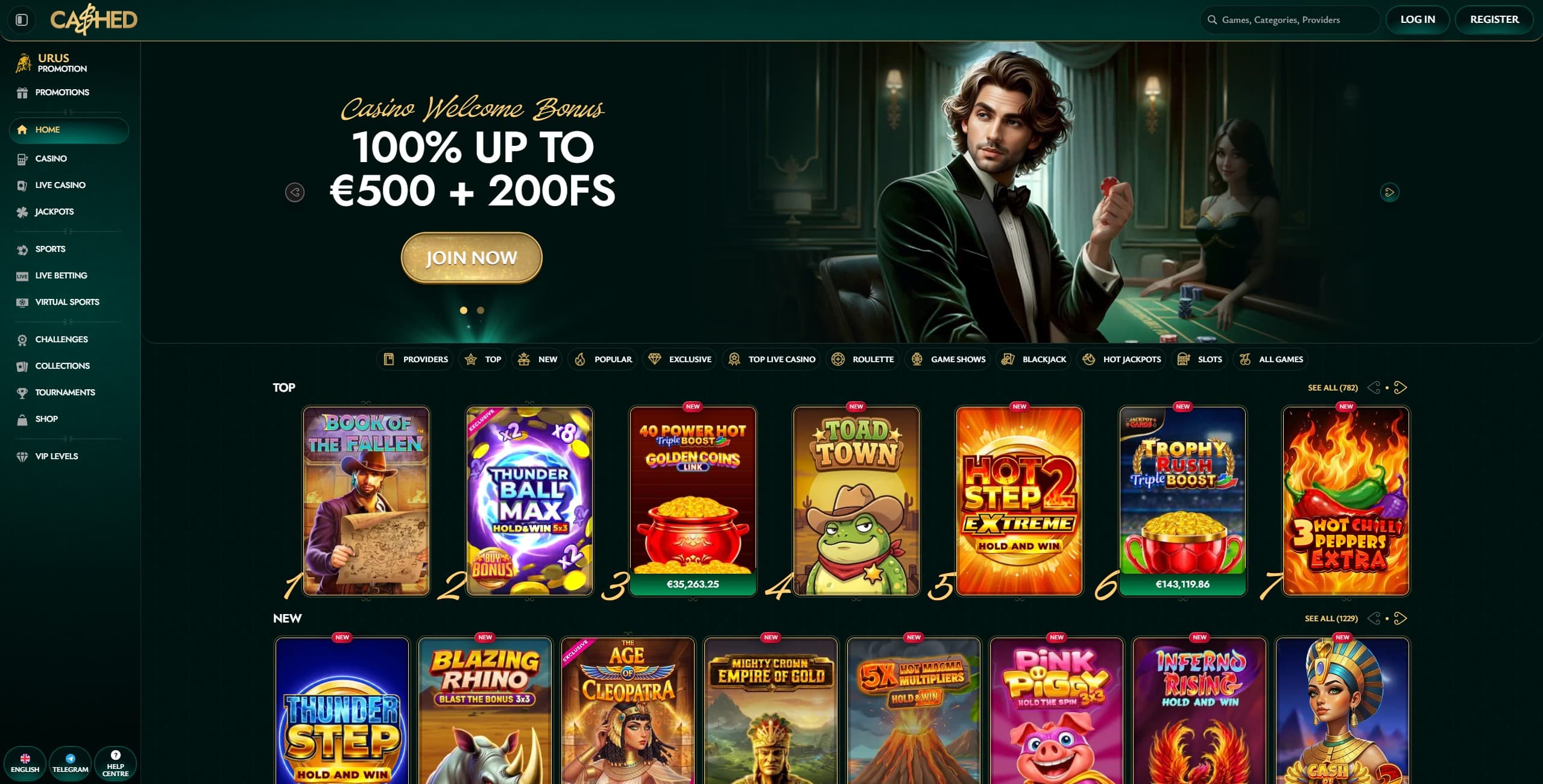 Cashed Landing Page with the welcome offer, main menu and a selection of games