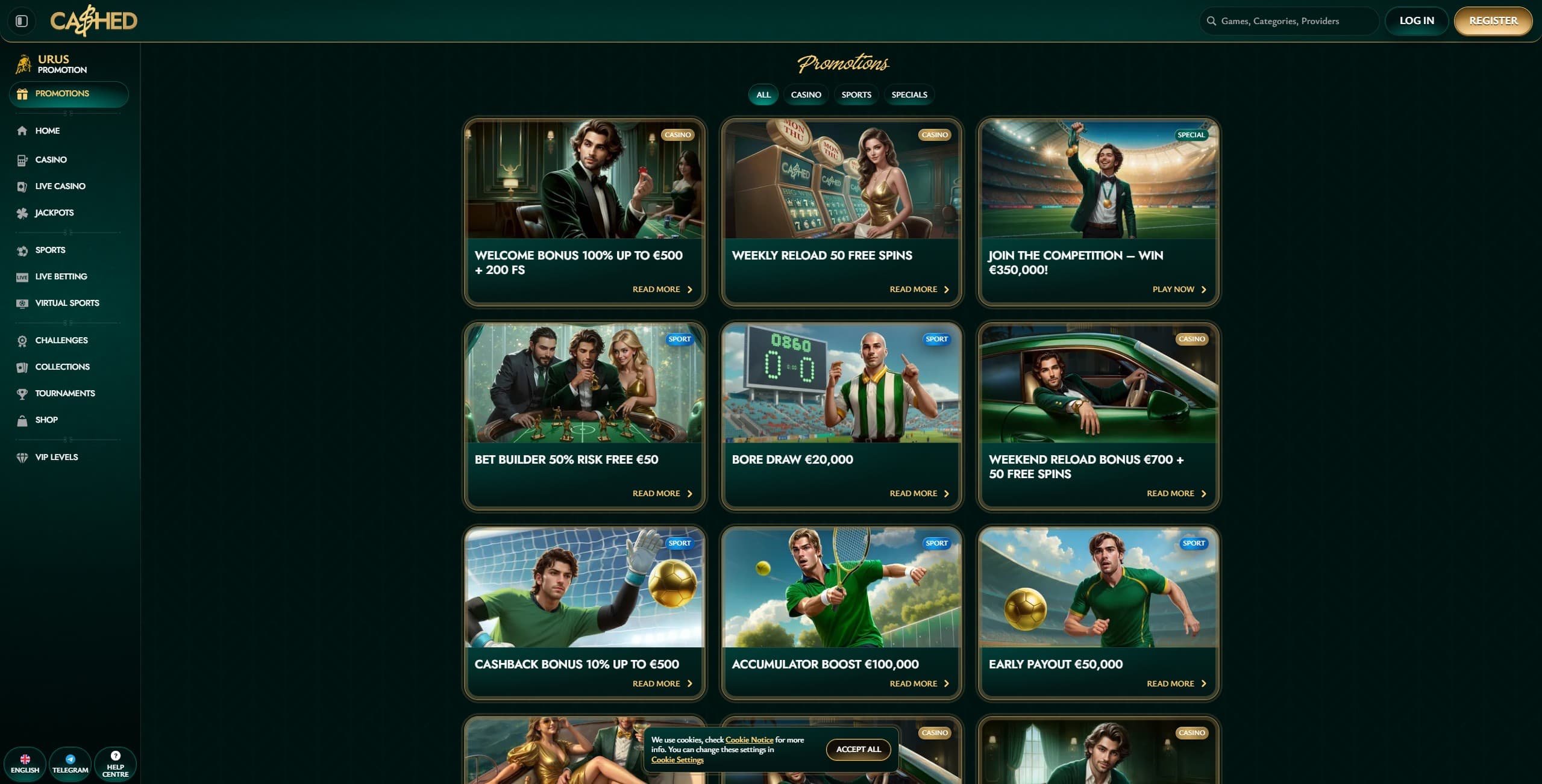 Cashed Promotions Page showing the available bonuses and promotions