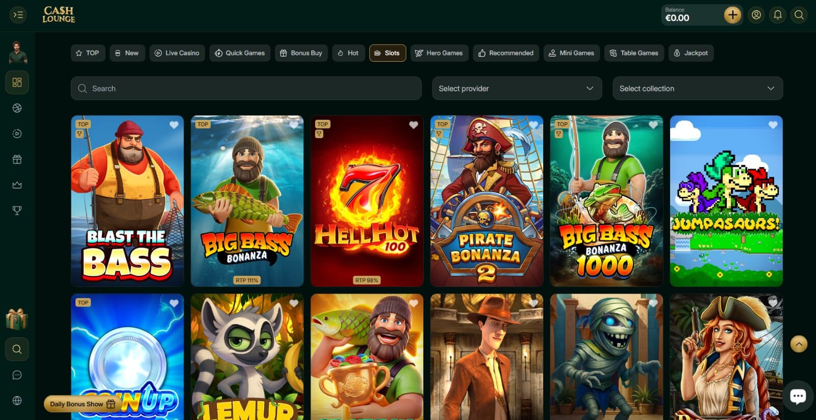 CashLounge Casino games page featuring the slots game selection under main sorting tabs and search filters