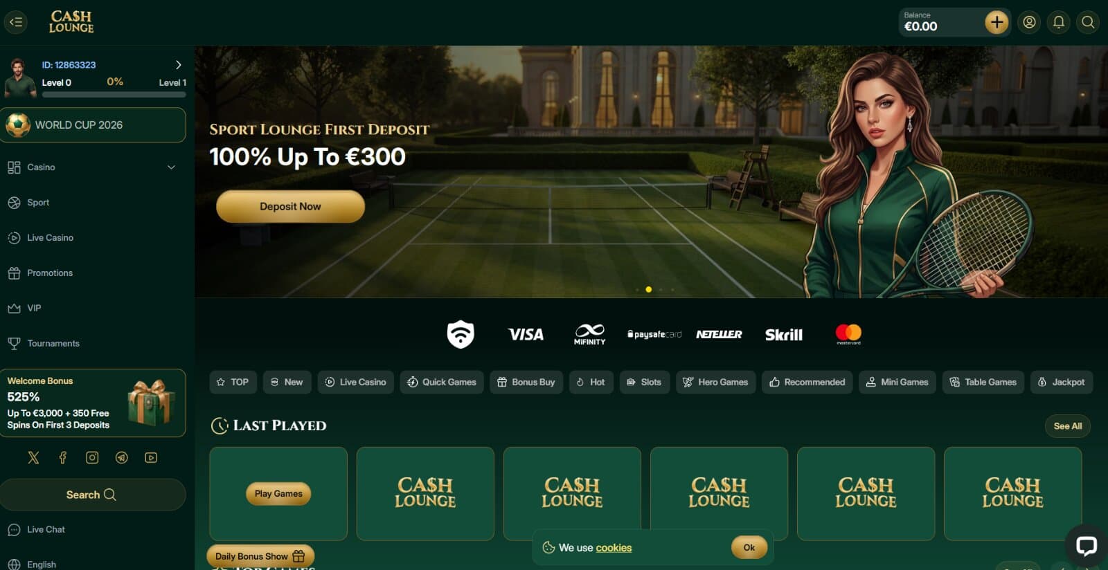 CashLounge Casino landing page featuring the sports lounge first deposit bonus banner above last played slots games, with side menu to main casino and live lobbies