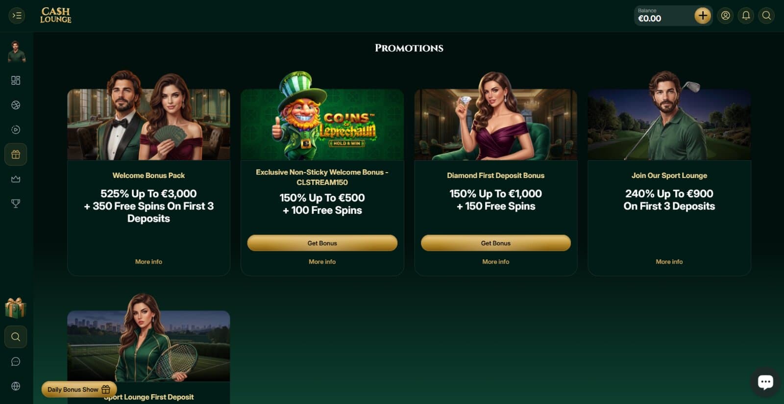 CashLounge Casino promotions page featuring the sports and casino welcome bonus packages and the no sticky casino welcome bonus with respective banner images