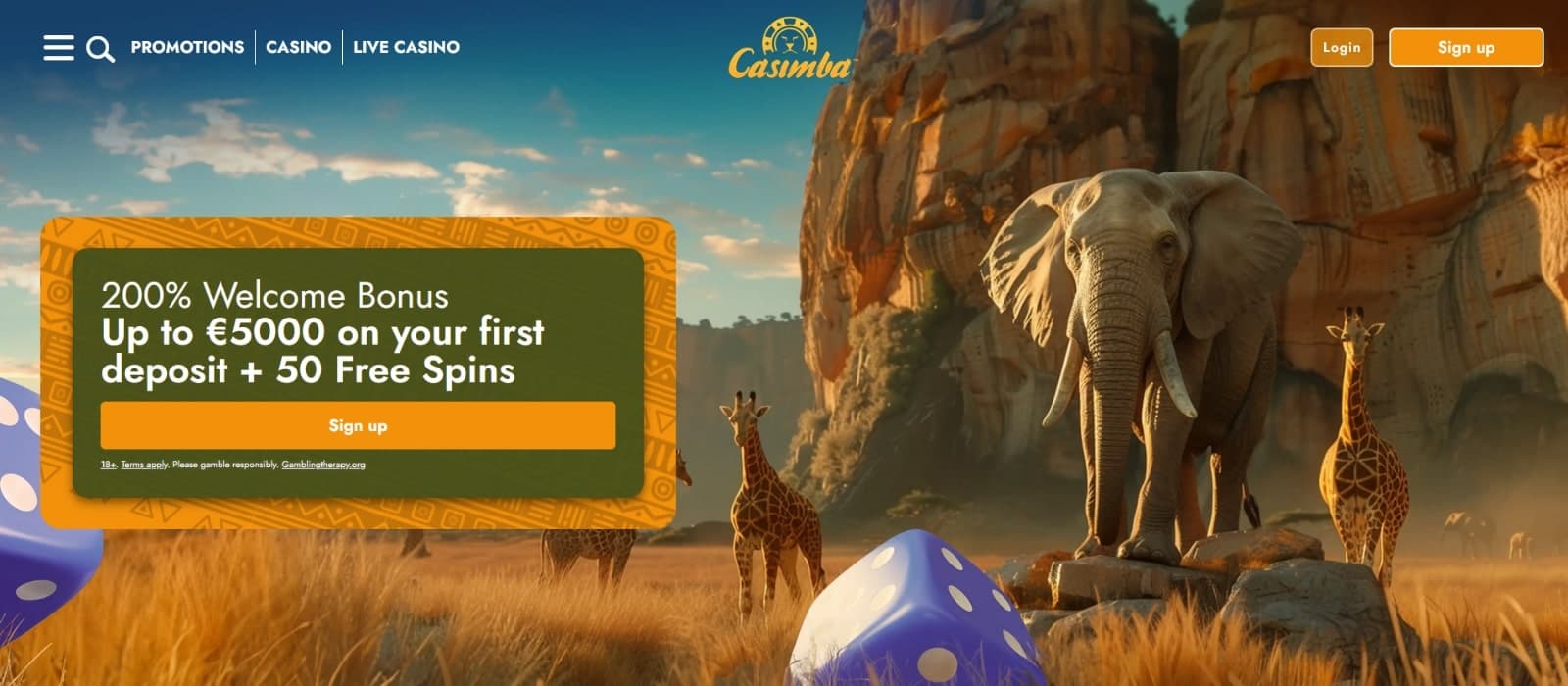 Casimba Casino's landing page, featuring the 200% welcome bonus of 5000 euros and 50 free spins, over image of animals from the Savannah