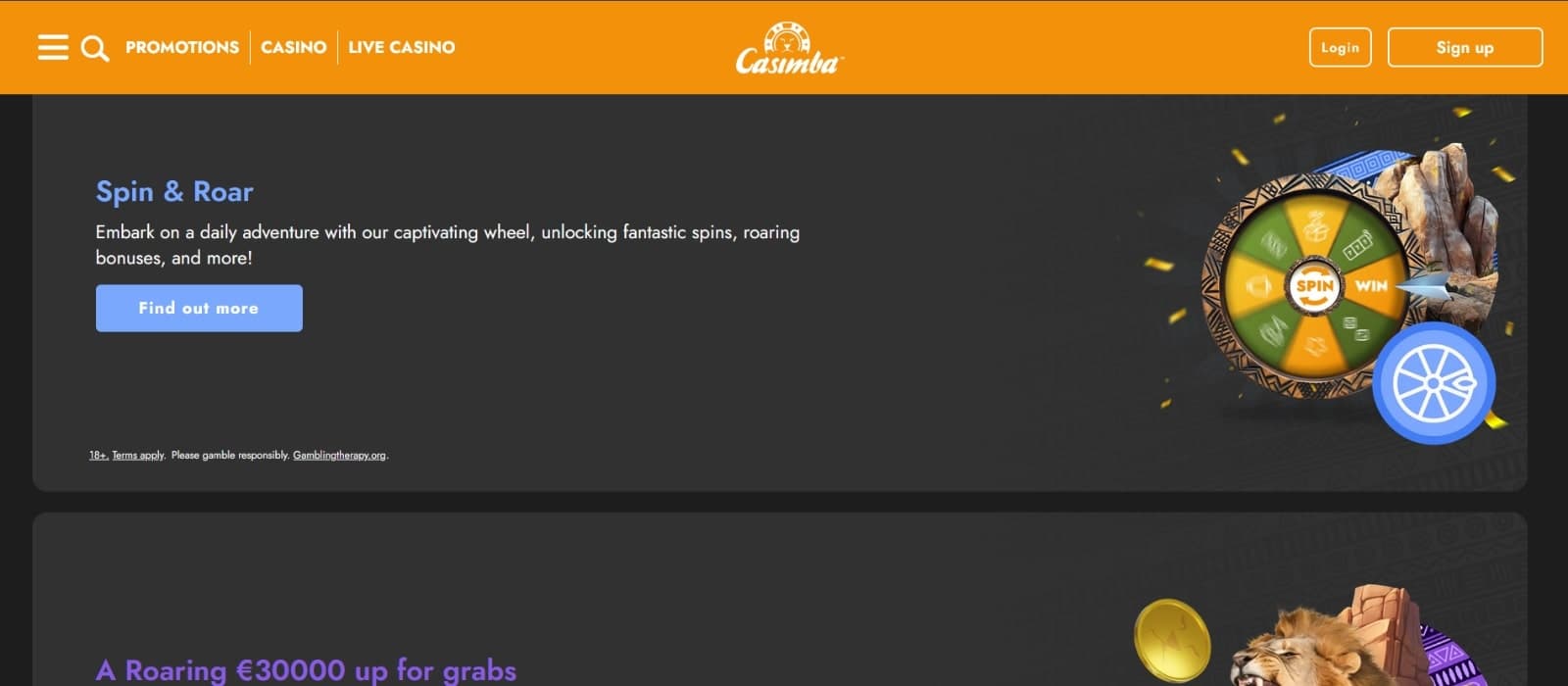 Casimba Casino promotions page, featuring the welcome bonus, Spin and Roar Wheel, and giveaway tickets