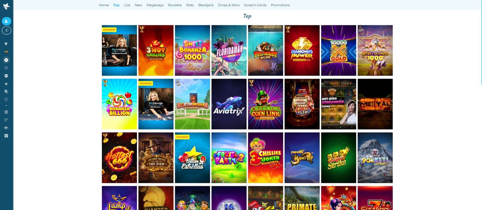 Casino Estrella games page showing a selection of slots and the differnt game categories on top