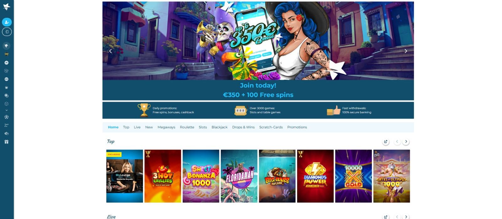 Casino Estrella landing page showing the welcome bonus offer, a selection of slots and the main menu on the left side