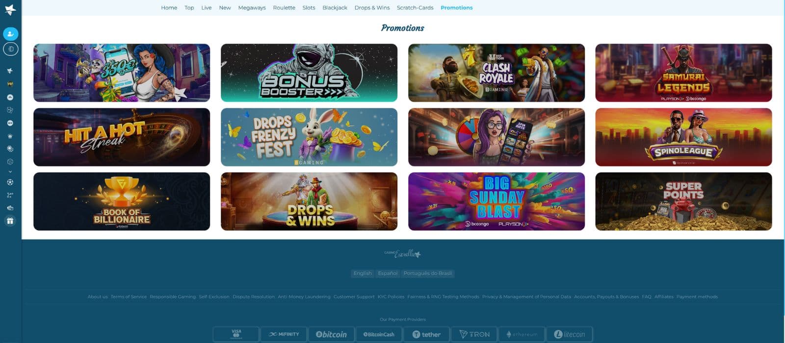 Casino Estrella promotions page showing the available bonuses and promotions
