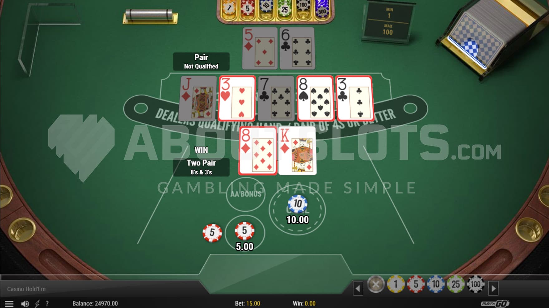 Base Game view of a casino table where player and dealer hold 2 cards and 5 community cards are in the middle.