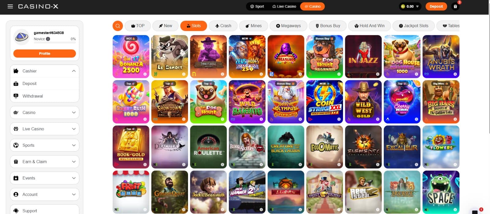 Casino-X games page displays a grid of game thumbnails like Sweet Bonanza, Wild West Gold, and Book of Gold.