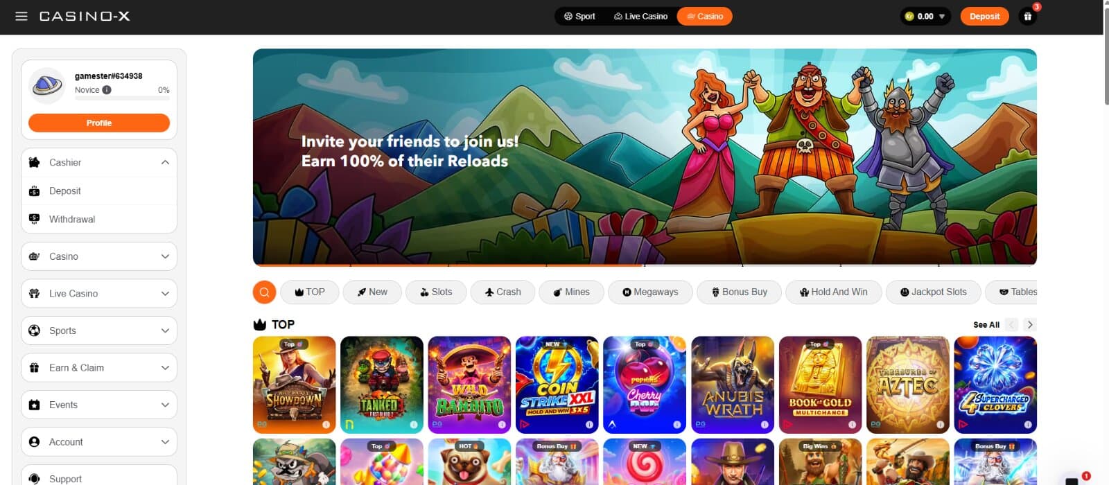 Casino-X homepage shows the banner promoting a referral bonus, with a row of top slot games below.