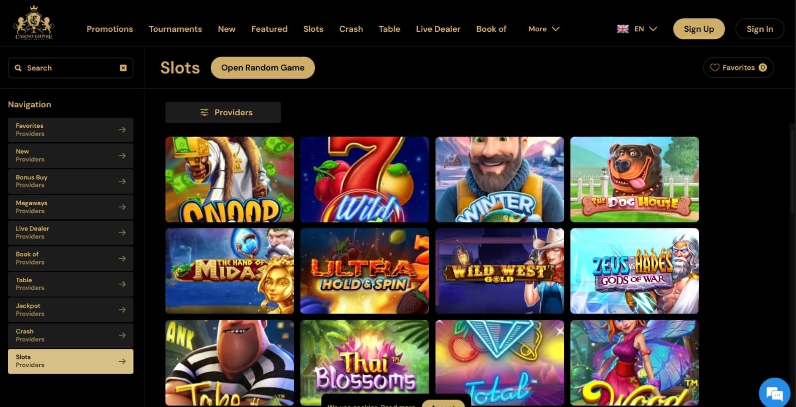 Casino Empire games page featuring slots such as Snoop Dogg Billionaire and the Dog House