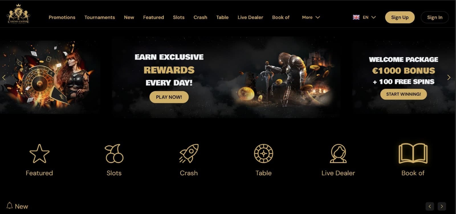 Casino Empire landing page with black and gold banner promoting exclusive rewards and 1000 welcome bonus