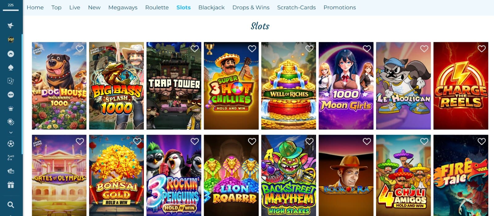 CasinoEstrella games page featuring the slot icons under main categories and next to side navigational menu
