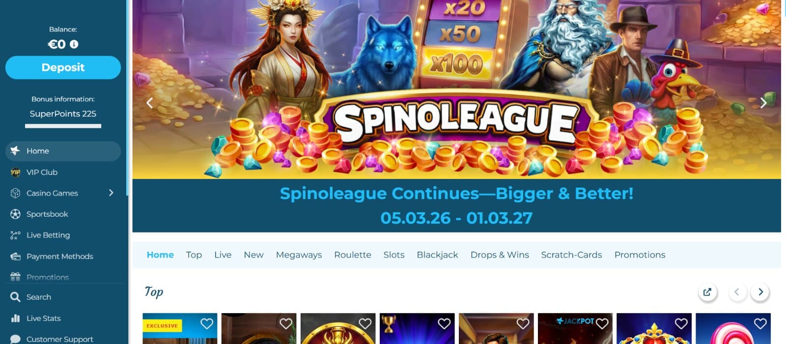 CasinoEstrella landing page with banner for Spinoleague tournament above game lobby categories and Top slot section next to side menu