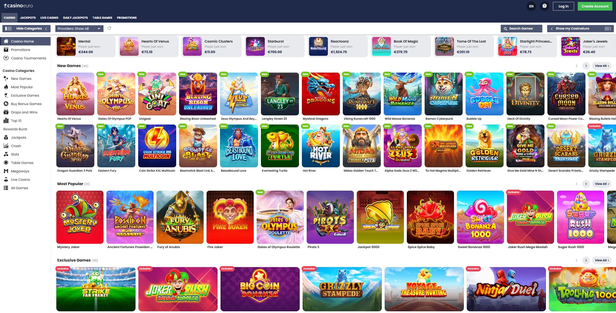 CasinoEuro Games Page showing a selection of slot games