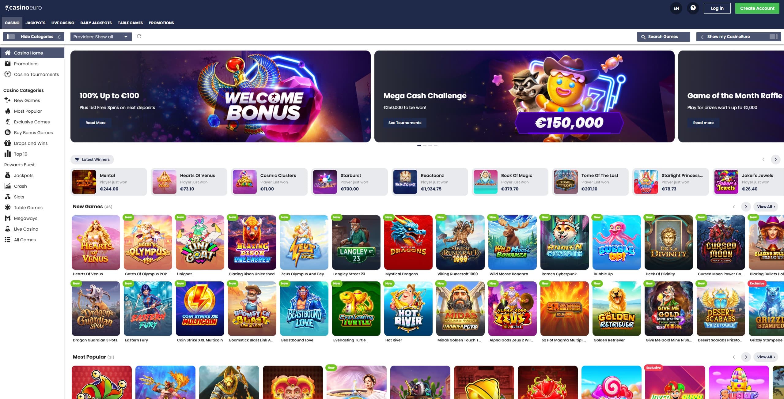 CasinoEuro Landing Page showing a selection of different games and categories