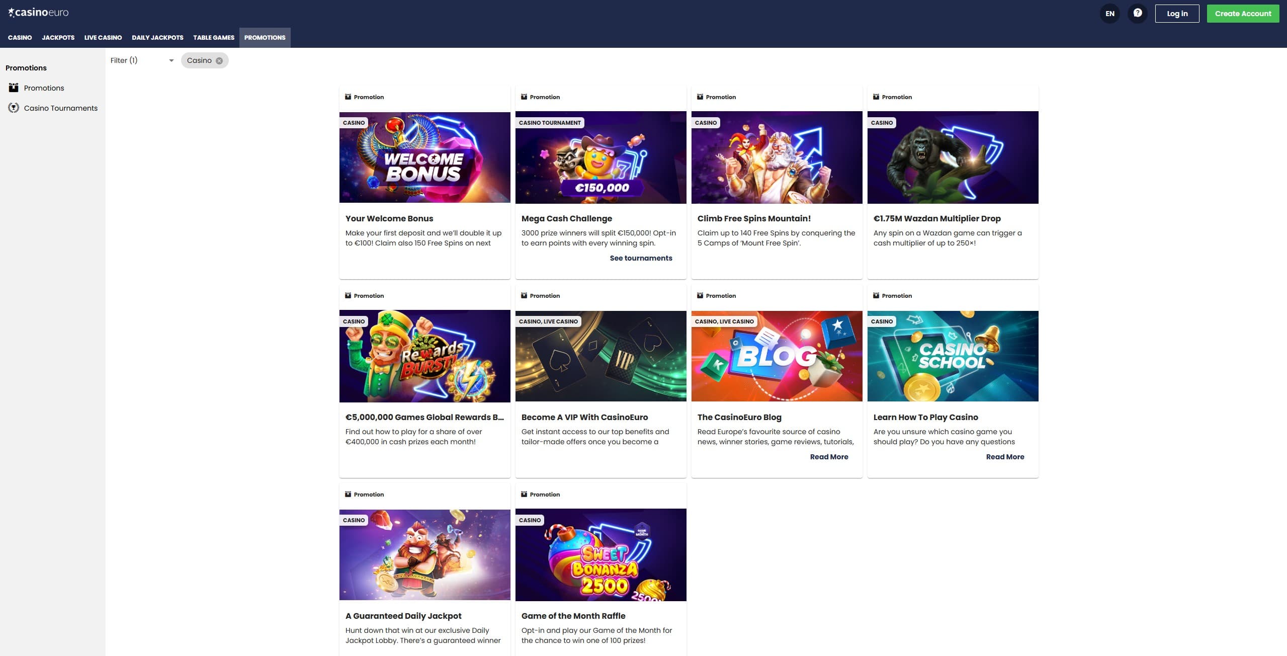 CasinoEuro Promotions Page showing the available bonuses and promotions