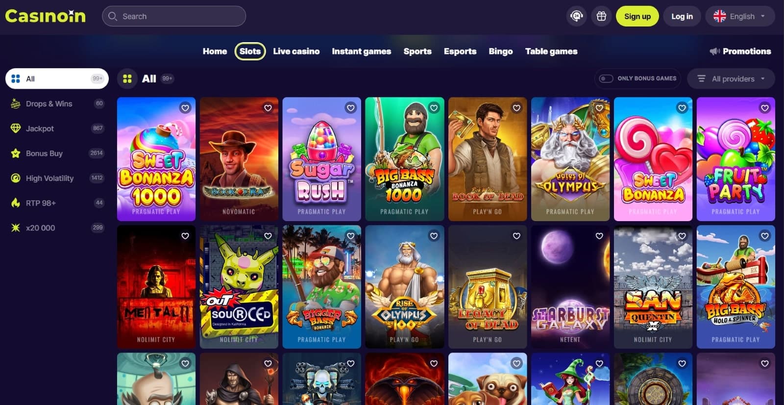 Casinoin Casino games page featuring slots such as Sweet Bonanza and Big Bass Bonanza