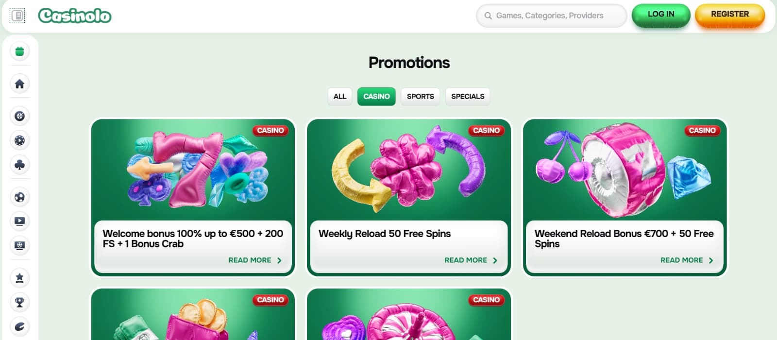 Casinolo Casino promotions page with welcome weekly reload bonuses