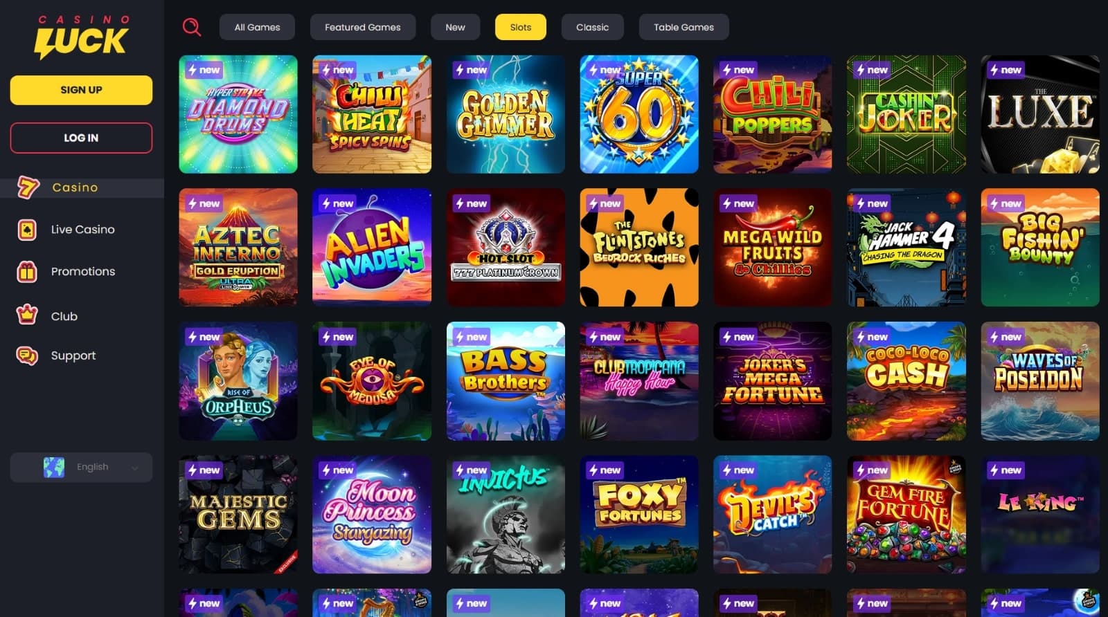 CasinoLuck games page featuring slots such as Bass Brothers, Moon princess and many others