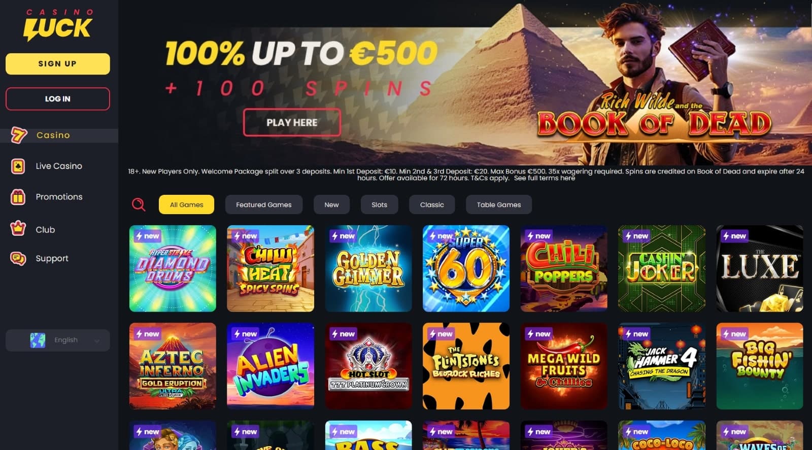 CasinoLuck landing page with banner of explorer and pyramid featuring 100% welcome bonus of 500 euros