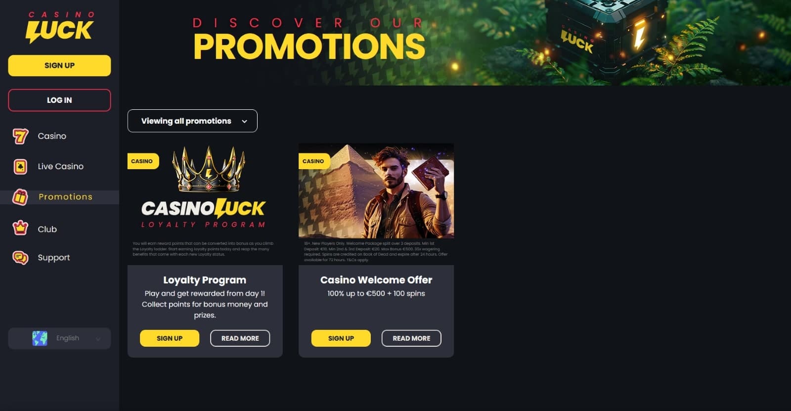 CasinoLuck promotions page with the loyalty program and casino welcome bonus of 500 euro and 100 free spins