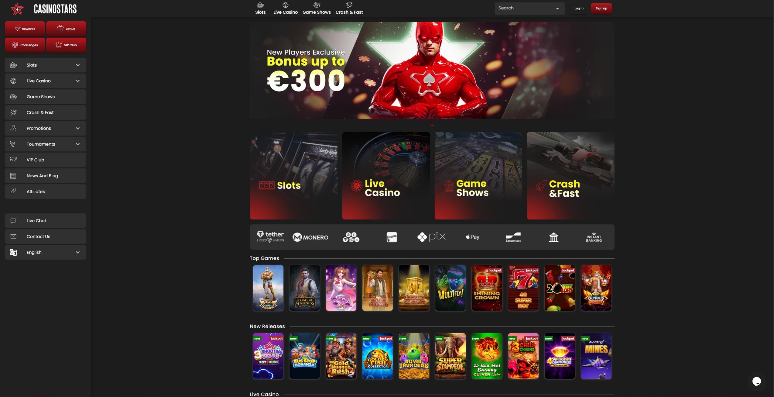 CasinoStars Landing Page showing a selection of games and the welcome bonus offer