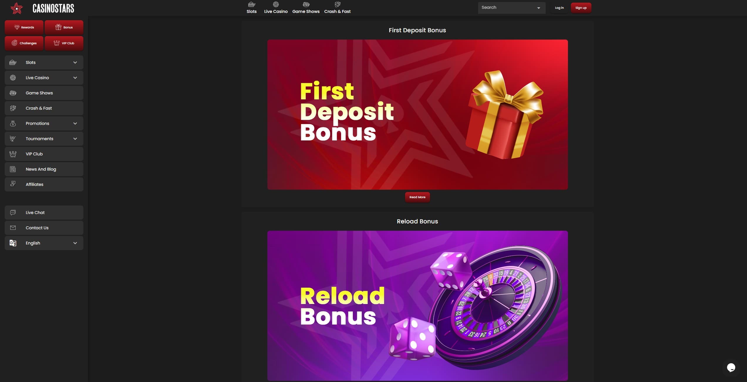 CasinoStars Promotions Page showing the welcome bonus and reload bonus offers