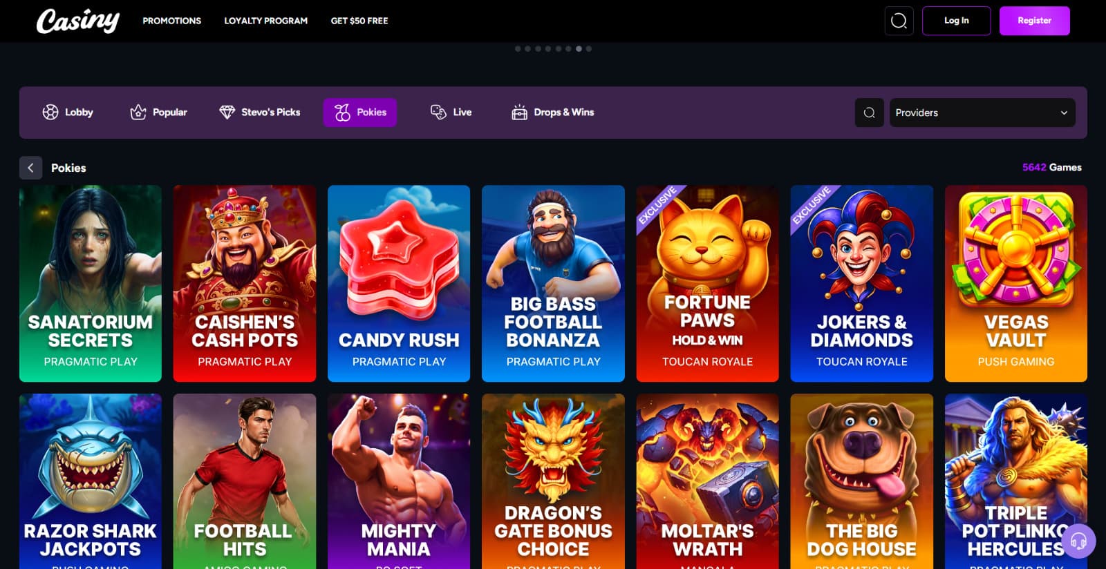 Casiny Casino's games page featuring slot title icons under main category banner and search box