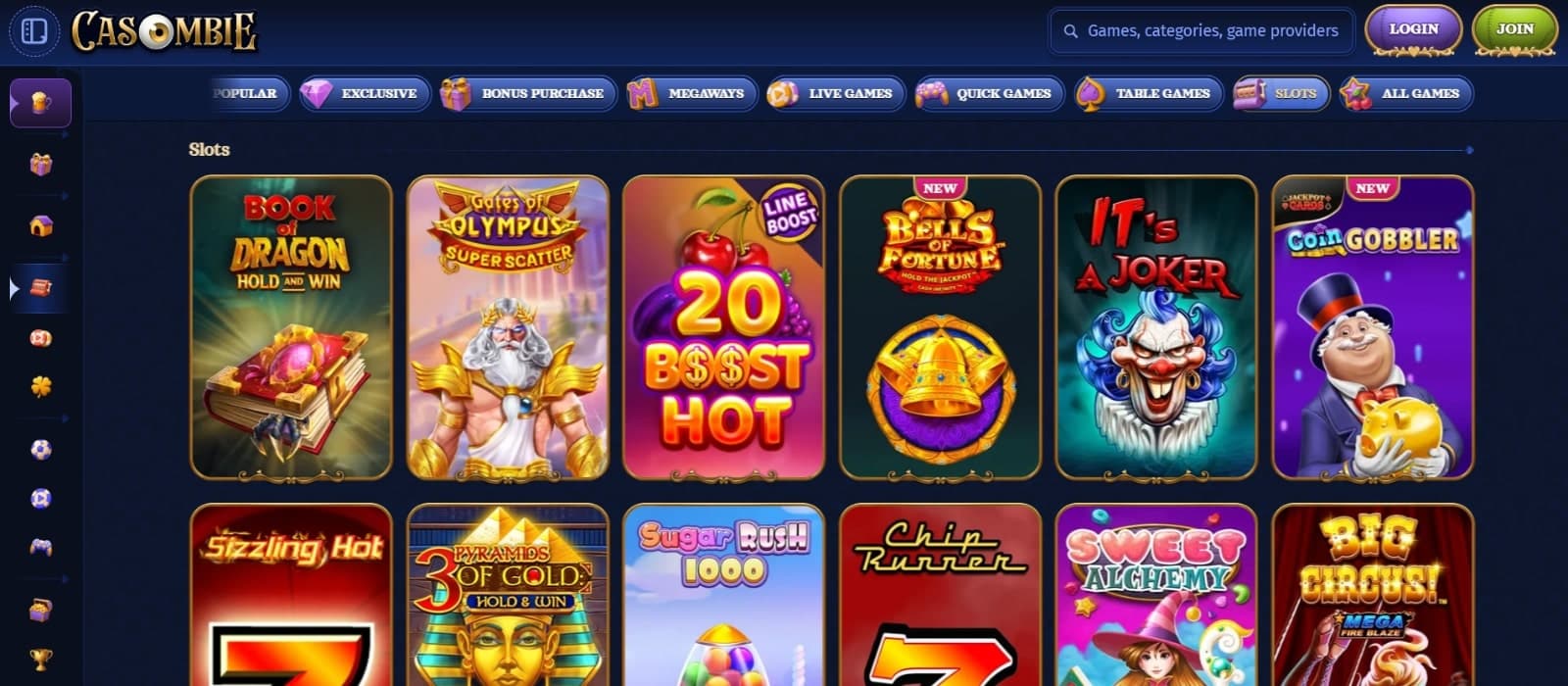 Casombie Casino games page featuring slots games such as Gates of Olympus, Sugar Rush and many others
