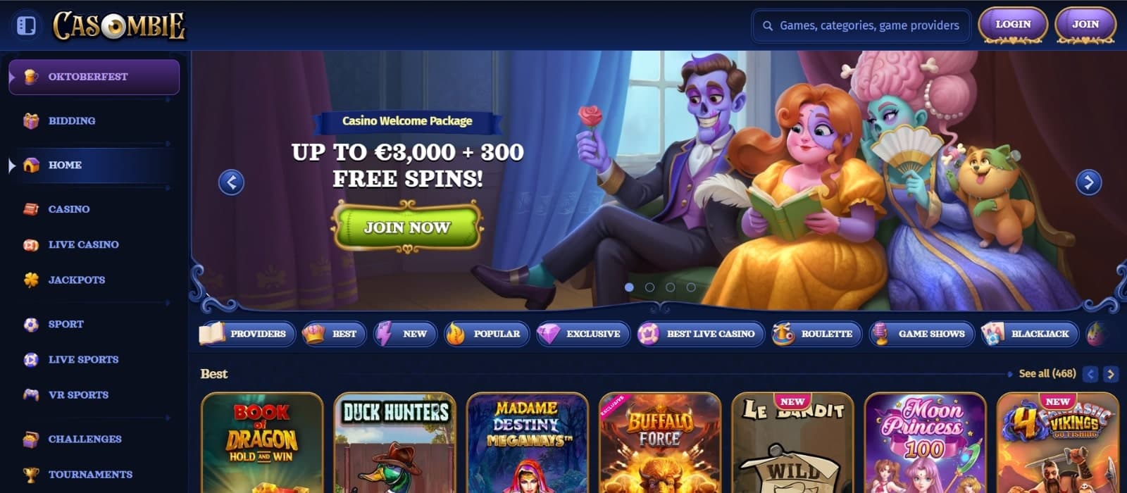 Casombie Casino;s landing page with the 3000 euros and free spins welcome bonus, game tabs, and best slots feature