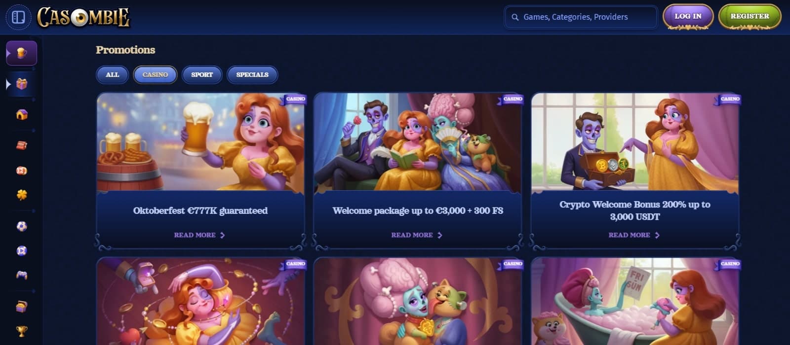 Casombie Casino promotions page featuring the welcome bonus, crypto bonuses, reload options, and seasonal promotions