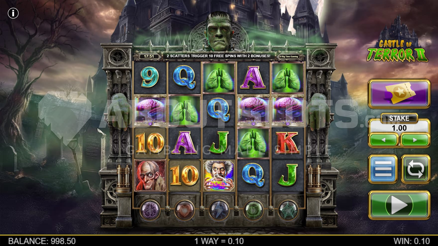 Base Game view of a 5x4 grid on a backdrop of an ominous castle surrounded by a graveyard.