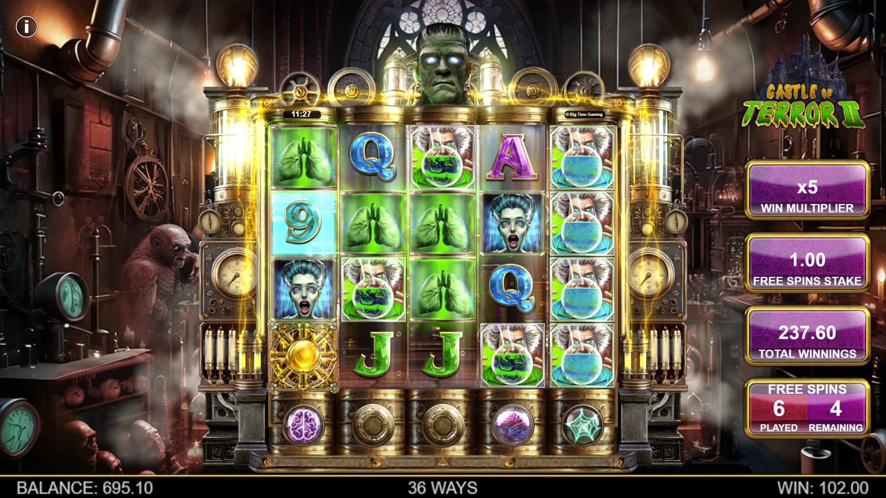 Free Spins bonus in progress, with 3 features active and a high win created on the grid.