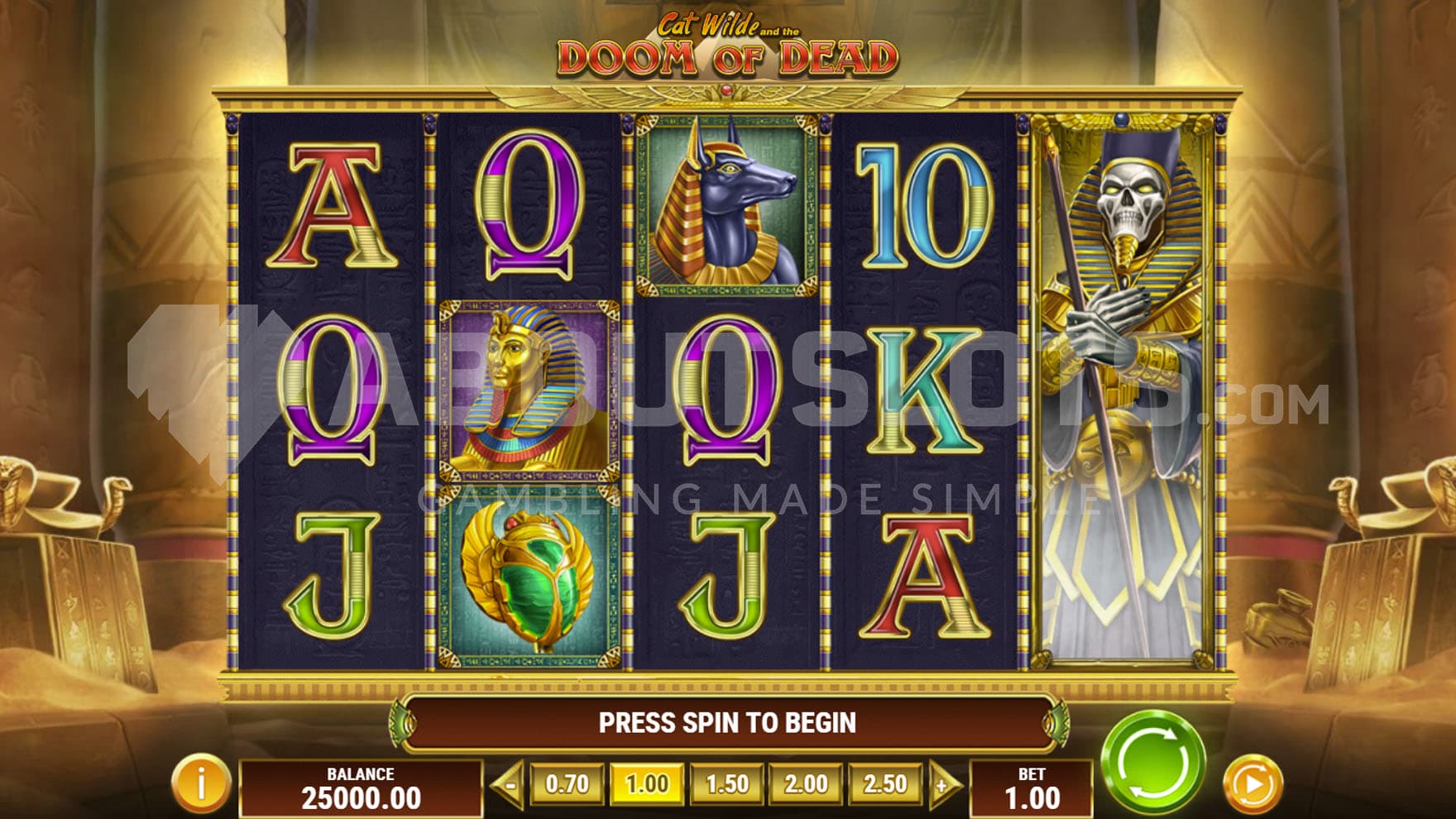 Base Game view of a 5x3 grid on a backdrop of an entrance to a massive Ancient Egyptian tomb.